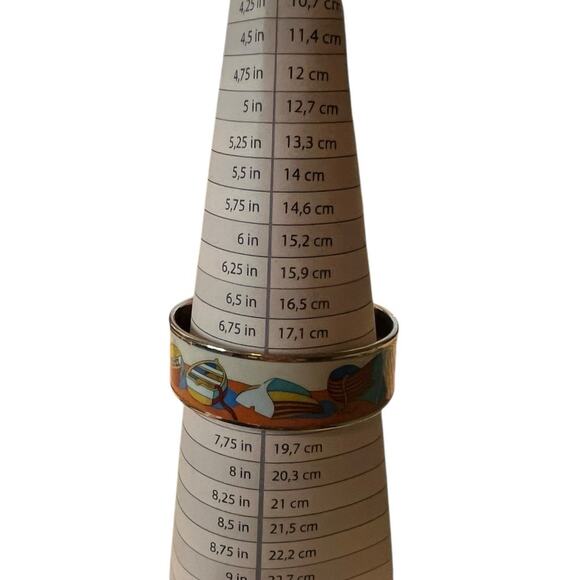 Hermès Thalassa Enamel Bangle Bracelet Silver Tone Wide White Blue Boat Design - Picture 4 of 12